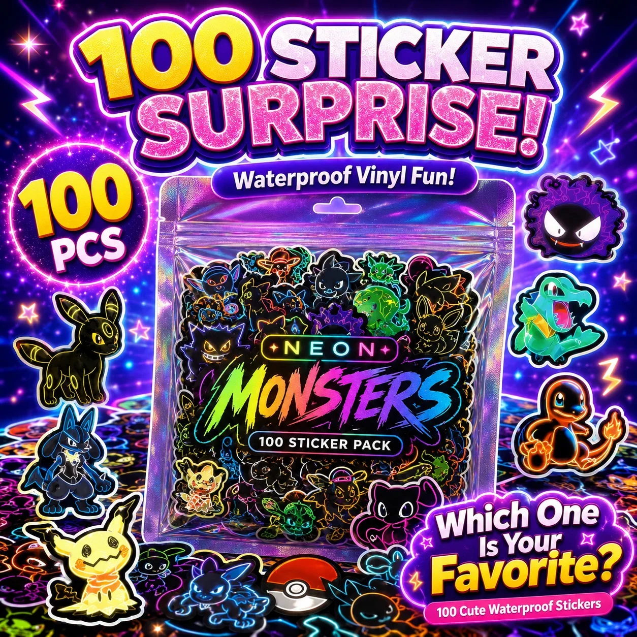 Handbags - 100 stuks neon Pokémon-stickers, waterbestendig, voor